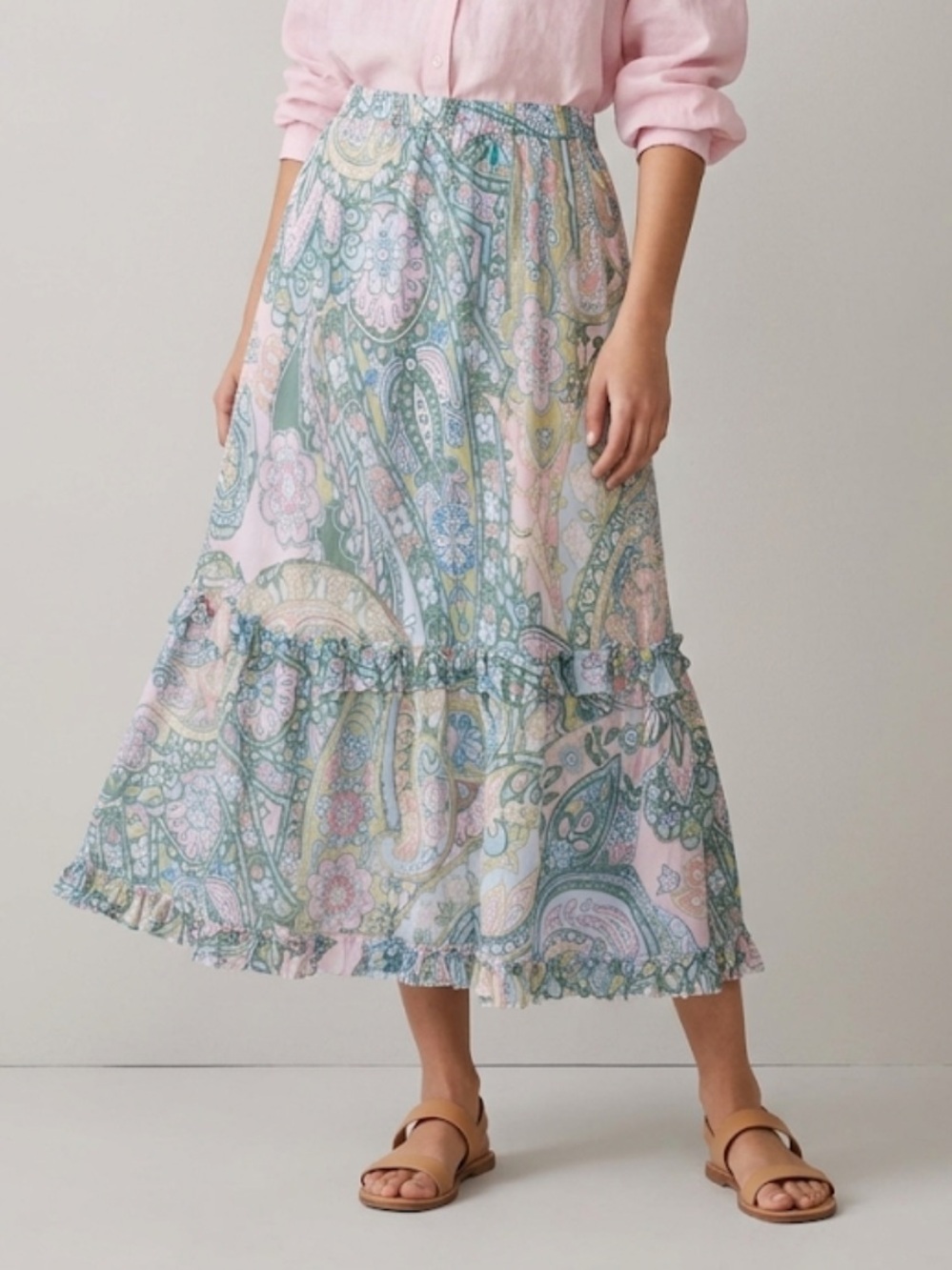 One Season Bohemian Paisley Tiered Maxi Skirt Pink & Green large